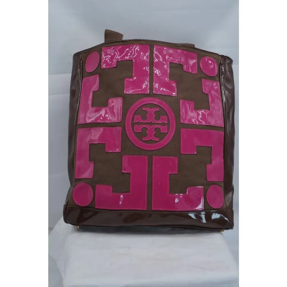 TORY BURCH TALL CANVAS & PATENT PINK & BROWN TOTE - Picture 5 of 9